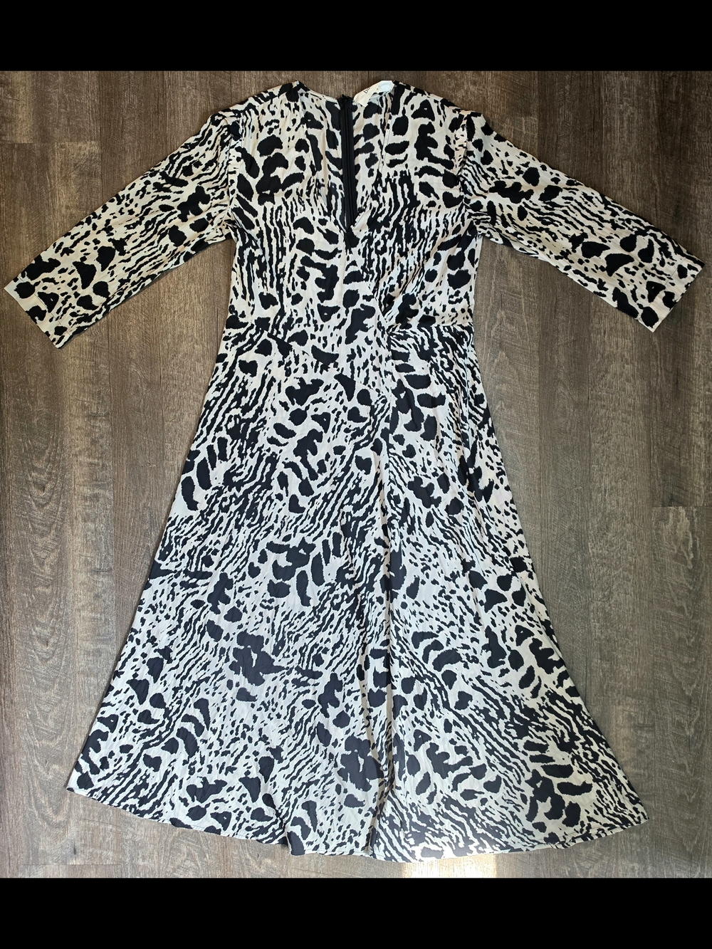 Ba&sh Paris Olga Midi Dress Womens 6 Black Ecru Abstract Animal Print Fit n Flar - Picture 9 of 16